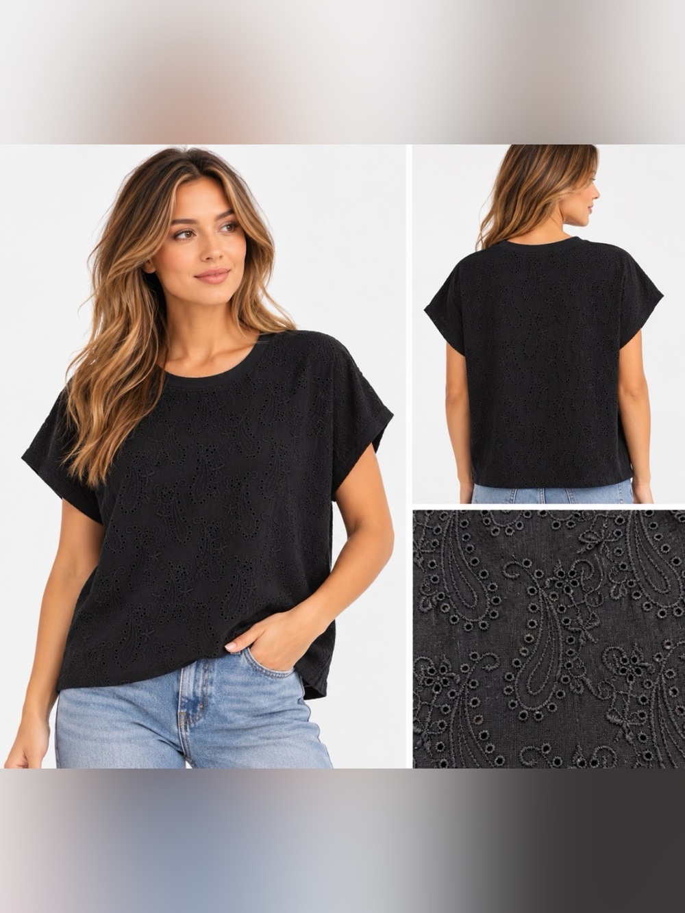 Simons Black Eyelet Embroidered Paisley Top Size L